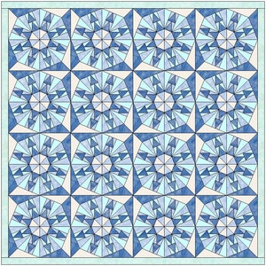May include: A quilt pattern with a repeating design of blue and light blue geometric shapes. The pattern is made up of triangles and squares, and the overall effect is a swirling, starburst design.