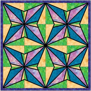 May include: A quilt block with a geometric design featuring a starburst pattern in shades of blue, green, purple, and yellow. The quilt block is outlined in black.