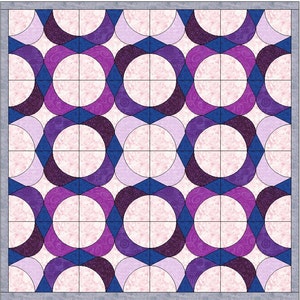 May include: A quilt pattern with a repeating design of circles and half circles. The circles are white with a pink marbled pattern. The half circles are purple and blue. The background is a light gray.