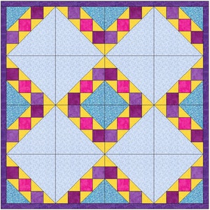 May include: A quilt block pattern featuring a blue, yellow, pink, and purple colour scheme. The pattern has a central square surrounded by four diamond shapes.