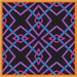May include: A quilt with a geometric pattern of intersecting lines in shades of purple, pink, and blue on a black background. The quilt is framed with a bright orange border.