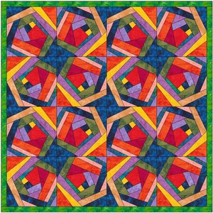 May include: A colorful quilt with a geometric pattern of squares and rectangles in shades of red, orange, yellow, green, blue, purple, and pink. The quilt is made up of multiple smaller squares that are arranged in a repeating pattern.