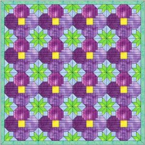 May include: A colorful quilt with a repeating geometric pattern. The design features star-like shapes in green and light blue, set against a background of purple and yellow blocks. The quilt is framed with a green border.