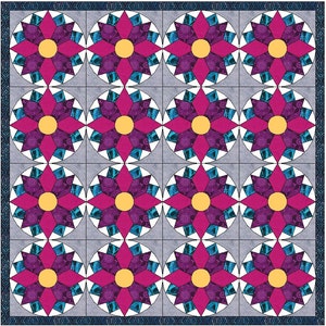 May include: A quilt block pattern with 16 circular designs. Each circle features a pink, purple, and blue starburst pattern with a yellow center. The background is a light gray.
