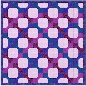 May include: A quilt pattern with a repeating design of octagons and squares. The octagons are white with a light purple border, the squares are a dark purple with a blue swirl pattern, and the background is a light purple with a blue swirl pattern.