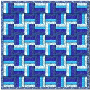 Puede incluir: Un patrón de colcha con rayas azules y blancas alternas. Las rayas blancas tienen un delicado patrón floral. La colcha está compuesta por 49 cuadrados.