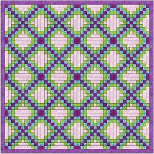 May include: A quilt block pattern with a repeating design of squares in purple, green, light blue, and pink. The squares are arranged in a grid pattern with a white background.
