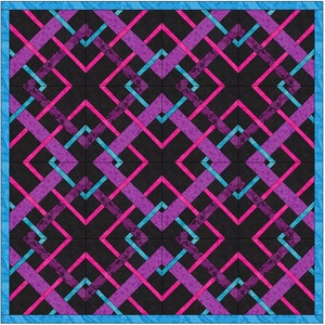 Könnte beinhalten: Ein Quilt mit einem geometrischen Muster aus sich kreuzenden rosa, violetten und blauen Streifen auf schwarzem Hintergrund. Der Quilt ist mit einem blauen Rand eingefasst.