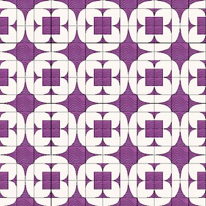 May include: A purple and white geometric pattern with a repeating design of squares and circles. The pattern is made up of a series of overlapping squares and circles, creating a sense of depth and dimension.