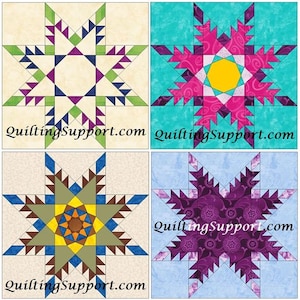 May include: Four different quilt block patterns with a starburst design. The blocks are made with a variety of fabrics in shades of green, blue, purple, pink, yellow, brown, and white. The blocks are all set against a cream background. The text "QuiltingSupport.com" appears at the bottom of each block.