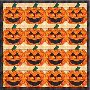 Puede incluir: Un bloque de colcha con un patrón de 16 caras de calabaza naranja y negra con tallos verdes. El bloque de colcha está sobre un fondo crema.