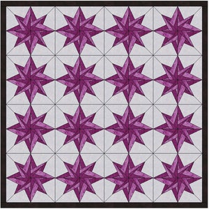 May include: A quilt pattern with 16 purple and white star blocks. The stars are made of multiple layers of fabric, creating a 3D effect. The background is a light gray.