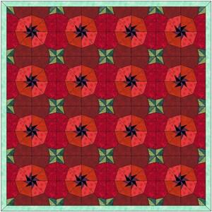 Può includere: Una trapunta rossa, verde e nera con un motivo geometrico di ottagoni e quadrati ripetuti.