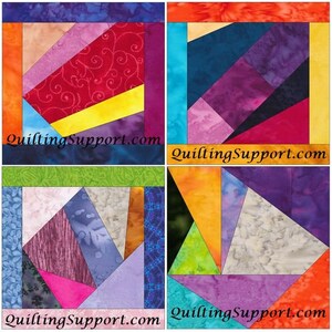 Pode incluir: Quatro designs diferentes de blocos de colcha com uma variedade de cores e padrões. Os blocos são feitos de triângulos e quadrados. Os blocos são todos do mesmo tamanho e estão dispostos em um padrão de grade. O texto "QuiltingSupport.com" aparece na parte inferior de cada bloco.