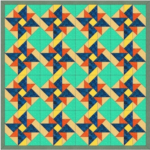 Puede incluir: Un patrón de colcha con un diseño repetitivo de triángulos azules, naranjas, amarillos y turquesa. El patrón está formado por una serie de cuadrados, cada uno con una disposición diferente de los triángulos.