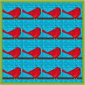 May include: A quilt block featuring a repeating pattern of red cardinals perched on brown branches against a blue background. The cardinals are stylized with simple geometric shapes and have yellow beaks and feet.