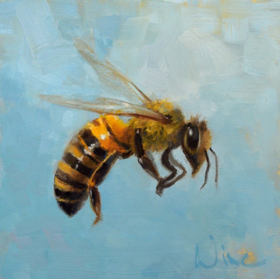 Blue Skies - A Colorful Original Artwork Oil Painting of a Bright, Cheerful Honeybee