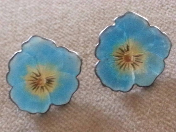 Vintage Enamel on Sterling Pansy Earrings, Screw B