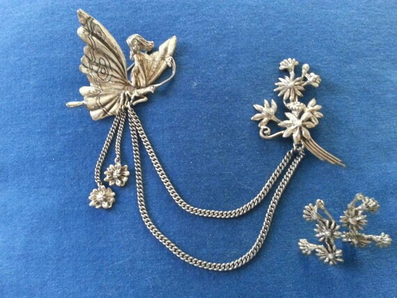 Vintage Cyvra Sterling Chatelaine Brooch and Earri