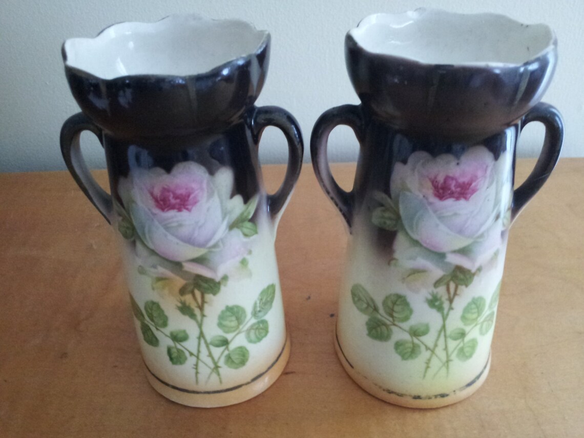 Czech Pottery Vase Pair Czechoslovakia Vase Set Czech Rose Etsy