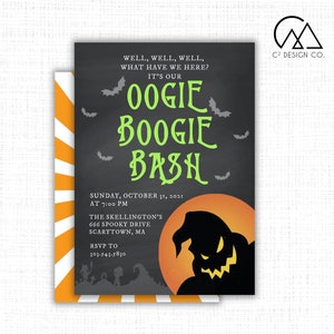 May include: A black and white invitation with orange and white stripes on the side. The invitation is for an Oogie Boogie Bash on Sunday, October 31, 2021 at 7:00 PM. The address is 666 Spooky Drive, Scarytown, MA. The RSVP number is 303-543-5830.