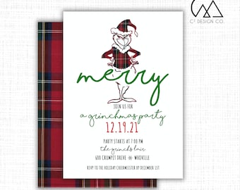 May include: A Christmas party invitation featuring the Grinch in a red and green plaid suit. The invitation reads "merry" in green cursive writing, "join us for a grinchmas party 12.19.21", "party starts at 7:00 pm the grinch's lair 600 crumpit drive whoville", and "RSVP to the holiday cheermeister by December 1st".