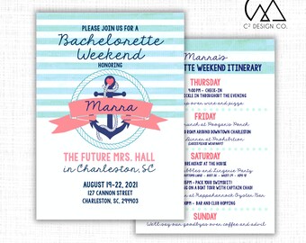 Mint & Coral Nautical Bachelorette Beach Weekend Invitation With Itinerary Template