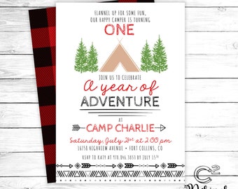 Camp Birthday Invitation - Red Buffalo Check