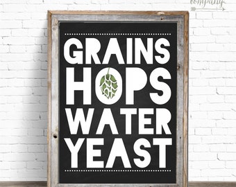 Grains, Hops, Water, Yeast 8x10 Instant Download Sign