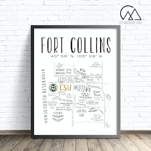May include: A black and white map of Fort Collins, Colorado, with the text "Fort Collins" in large, bold letters at the top. The map shows the location of various breweries, parks, and other points of interest. The map is surrounded by a white border and is set against a white background.