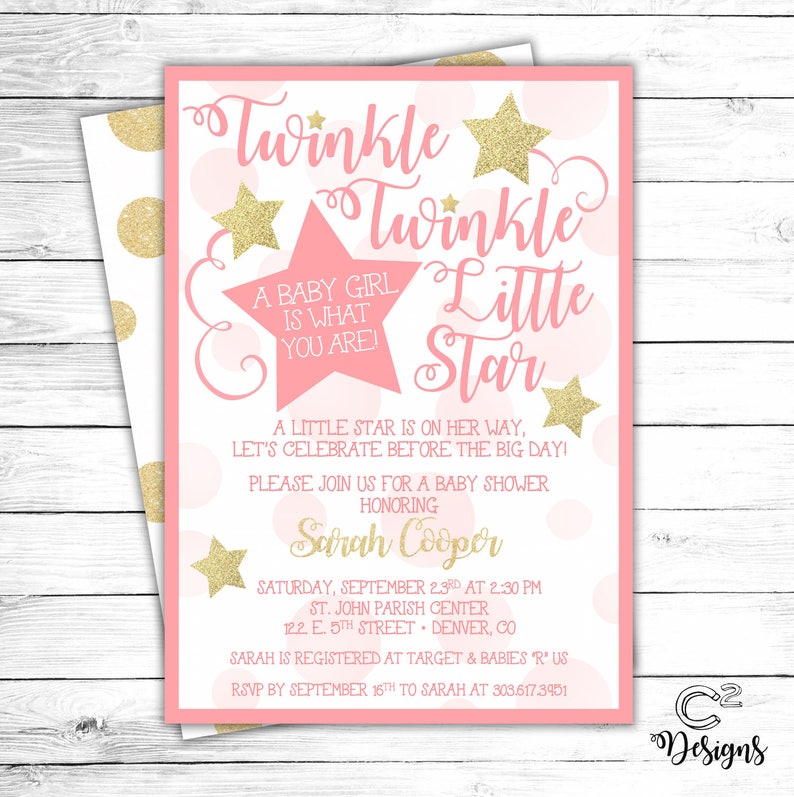 Pink & Gold Twinkle Twinkle Little Star Baby Shower Invitation image 1