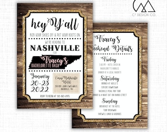 Black & Gold Nashville Bachelorette Party Invitation with Itinerary