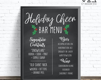 Holiday Cheer Holly Chalkboard Bar Menu Sign - Custom Digital File