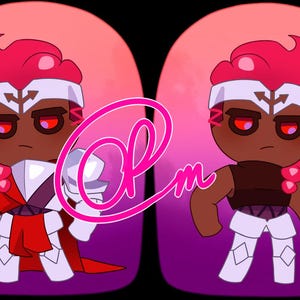 May include: Two illustrations of a cartoon character with red hair and red eyes. The character is wearing white armor and a red cape in one image, and a brown top and white pants in the other. The background is pink and purple.