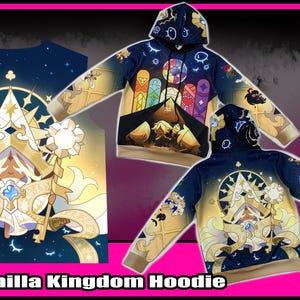May include: A navy blue hoodie with a Pure Vanilla Kingdom design. The hoodie features a detailed graphic of a character with a staff, a stained glass window design, and the text "Pure Vanilla Kingdom Hoodie".