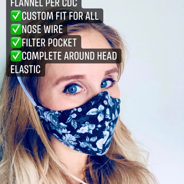 Face Mask,Head Elastic, Nose Wire, Filter Pocket-Custom Fit- washable Adult and Kids