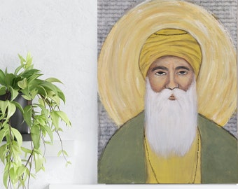 Original Painting Waheguru x Guru Nanak Dev Ji 12"x16" Mix Media Painting on Canvas
