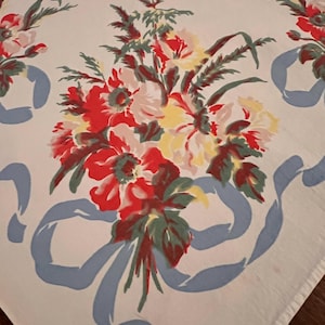 Vintage midcentury floral mini tablecloth, small square 32" x 30.5," blue bows pink yellow bouquet table linen