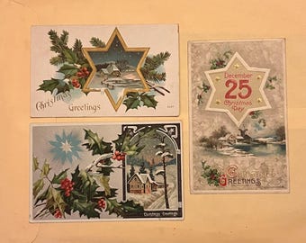 Set of 3 Antique Christmas Postcards, Snowy Village, Kids, Bells