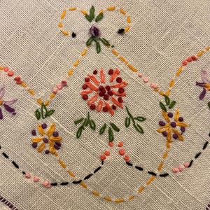 May include: Close-up of a cream-colored embroidered textile featuring floral designs. The embroidery includes orange, pink, purple, yellow, green, and black thread. The floral patterns are arranged in a symmetrical design.