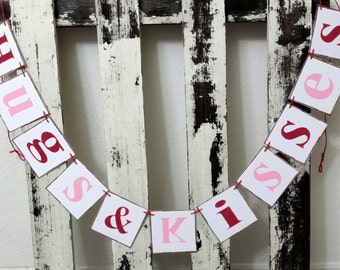 Valentine Banner Garland Hugs & Kisses Shabby Chic Red And Pink Banner Wedding Banner Romantic Banner Wedding Photo Prop Garland