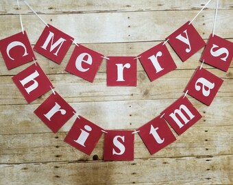 Merry Christmas Banner 4" x 4" Wood Tiles | Red & White Christmas Holiday Banner |  Christmas Garland | Holiday Decorating | Christmas Decor