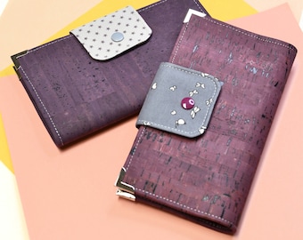 Checkbook holder made of purple cork leather and stars cotton, checkbook case wallet size handmade for women