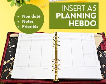 A5 refill for refillable agenda, weekly undated agenda refills, A5 week & priorities paper, French Filofax refills