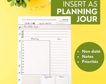 Refills A5 undated day planner for organizer, inserts A5 French day planner, Motivating day - spaces notes health priorities