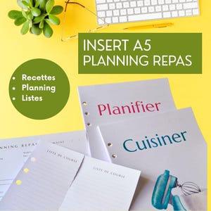 Planning des menus de la semaine pour organiseur A5 / Recharge papier A5 pour gérer le planning des repas / Pages pour agenda rechargeable