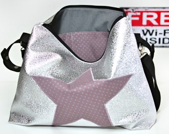 Custom zipped stroller bag in faux leather extra silver, shoulder bag, handlebar stroller & handles, star diaper bag baby gift, changing bag