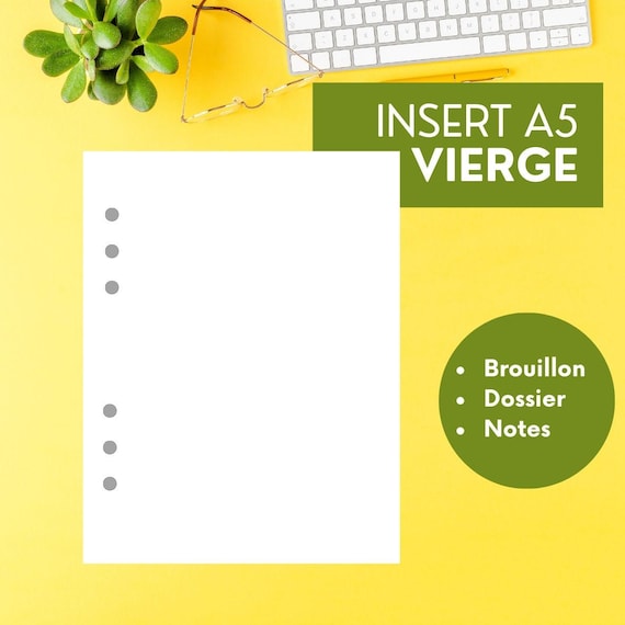 Recharge pages blanches perforées A5 pour organiseur planner, insert A5, papier vierge 90g perforé 6 trous