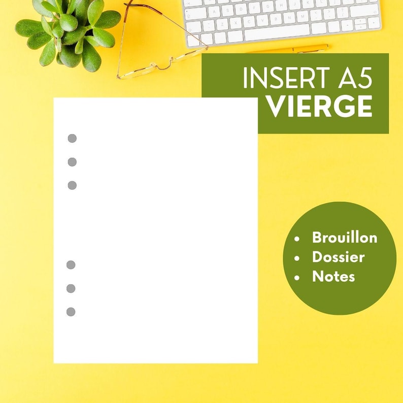 insert pages blanches A5, recharge papier blanc perforé pour organiseur planner, papeterie française pour les jours souples