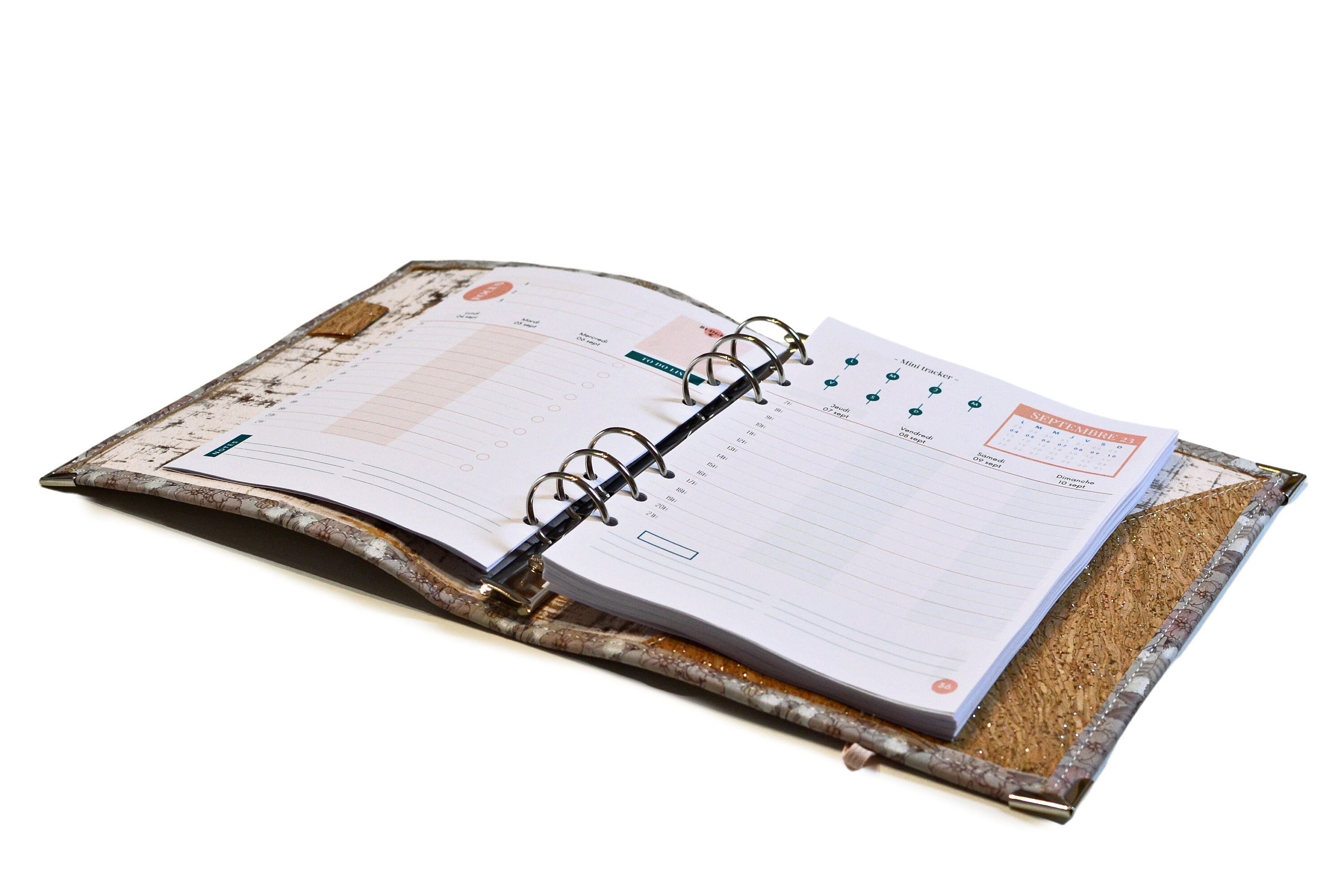 A5 Planner Organizer in Cork & Cotton , 2024 Rechargeable A5 Handmade Vegan  Leather Agenda, Handcrafted 6-ring Binder 